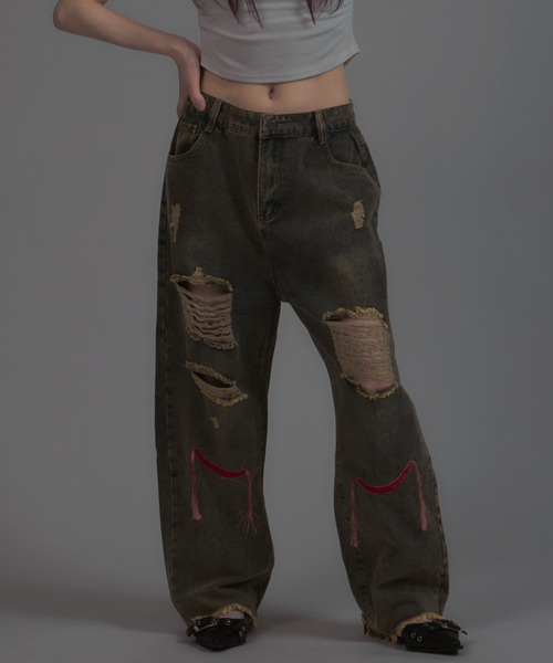 tinkerend（ティンカーエンド）の「【ユニセックス】Damage Straight Denim Pants / ダメージストレートデニムパンツ ポイント刺繍（デニムパンツ・レディース・ライトブルー・M/L）」の15枚目の写真