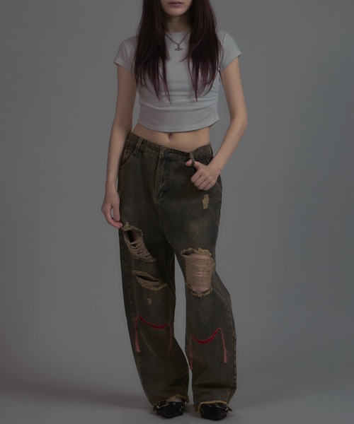 tinkerend（ティンカーエンド）の「【ユニセックス】Damage Straight Denim Pants / ダメージストレートデニムパンツ ポイント刺繍（デニムパンツ・レディース・ライトブルー・M/L）」の17枚目の写真