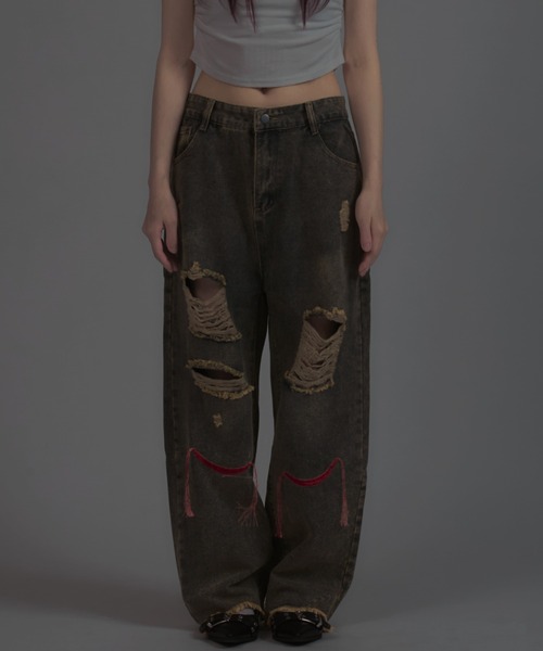 tinkerend（ティンカーエンド）の「【ユニセックス】Damage Straight Denim Pants / ダメージストレートデニムパンツ ポイント刺繍（デニムパンツ・レディース・ライトブルー・M/L）」の14枚目の写真