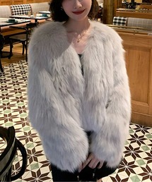 グレー ノーカラー ファーコート セール】【 4COLOR 】ノーカラーボリュームフェイクファー