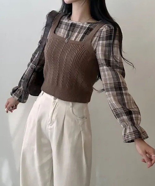 フレンチガーリー ブラウス エピヌ モノトーン y2k チェック 垢抜け フレンチガーリー スリーブホワイトシャツアウター ブラウス