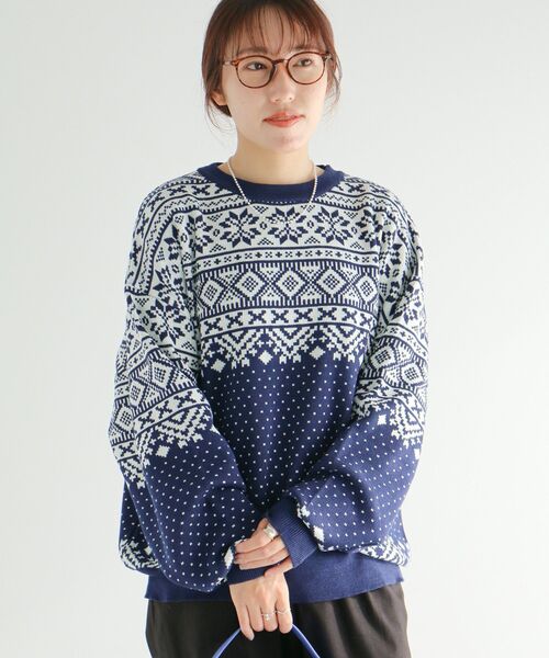 CRAFT STANDARD BOUTIQUE(クラフトスタンダードブティック)の「【ユニセックス】ジャカードニットプルオーバー(ニット/セーター・レディース・グリーン/ブラック/ネイビー・XL/L/M)」の3枚目の写真