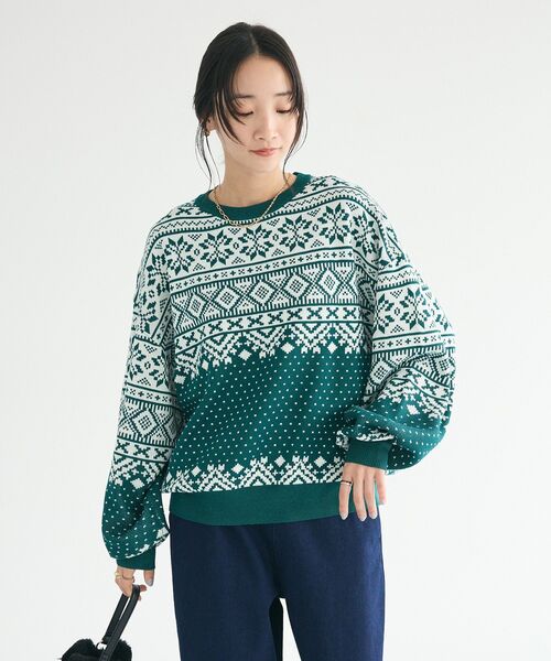 CRAFT STANDARD BOUTIQUE(クラフトスタンダードブティック)の「【ユニセックス】ジャカードニットプルオーバー(ニット/セーター・レディース・グリーン/ブラック/ネイビー・XL/L/M)」の5枚目の写真