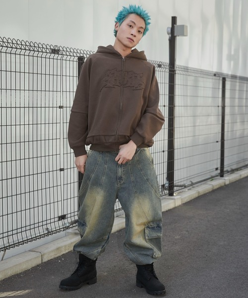 SHORT ROUND（ショートラウンド）の「SHORT ROUND/ダメージアップリケレイヤードZIPパーカー（パーカー・メンズ・スミクロ/ブラウン・LARGE/MEDIUM）」の14枚目の写真