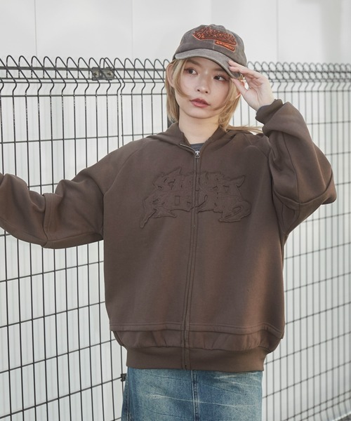 SHORT ROUND（ショートラウンド）の「SHORT ROUND/ダメージアップリケレイヤードZIPパーカー（パーカー・メンズ・スミクロ/ブラウン・LARGE/MEDIUM）」の17枚目の写真