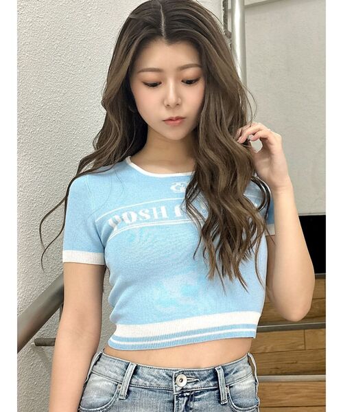 GYDA(ジェイダ)の「GD POSH FADITALハーフスリーブニットトップス(ニット/セーター・レディース・オフホワイト/ブラック/スカイブルー・FREE)」の1枚目の写真