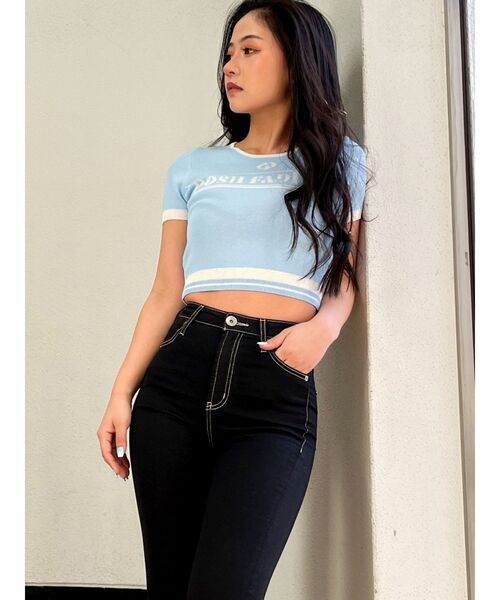 GYDA(ジェイダ)の「GD POSH FADITALハーフスリーブニットトップス(ニット/セーター・レディース・オフホワイト/ブラック/スカイブルー・FREE)」の5枚目の写真