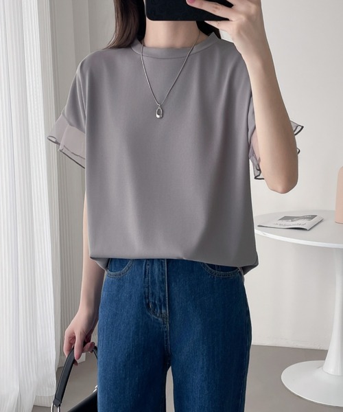 ABITOKYO（アビトーキョー）の「袖シアーチュール切替Tシャツ（Tシャツ/カットソー・レディース・グレー/ホワイト/ブラック・L/M/XL）」の3枚目の写真