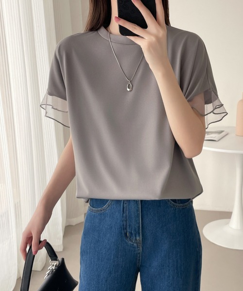 ABITOKYO（アビトーキョー）の「袖シアーチュール切替Tシャツ（Tシャツ/カットソー・レディース・グレー/ホワイト/ブラック・L/M/XL）」の6枚目の写真