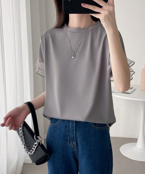 ABITOKYO（アビトーキョー）の「袖シアーチュール切替Tシャツ（Tシャツ/カットソー・レディース・グレー/ホワイト/ブラック・L/M/XL）」の7枚目の写真