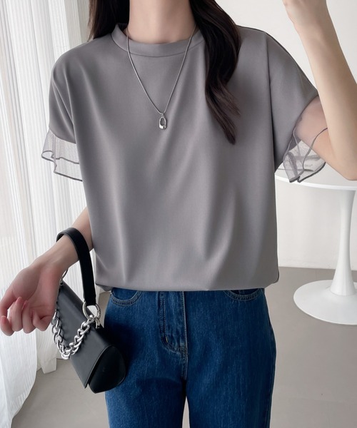 ABITOKYO（アビトーキョー）の「袖シアーチュール切替Tシャツ（Tシャツ/カットソー・レディース・グレー/ホワイト/ブラック・L/M/XL）」の9枚目の写真