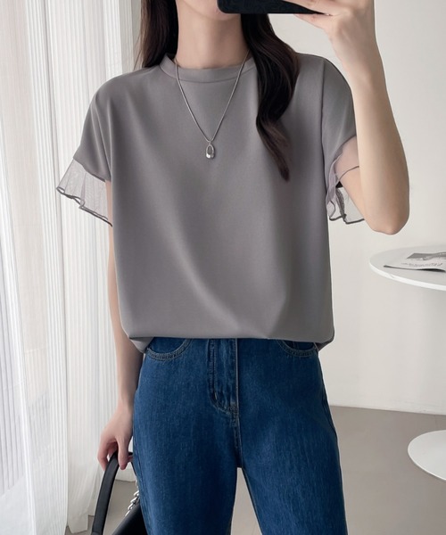ABITOKYO（アビトーキョー）の「袖シアーチュール切替Tシャツ（Tシャツ/カットソー・レディース・グレー/ホワイト/ブラック・L/M/XL）」の10枚目の写真