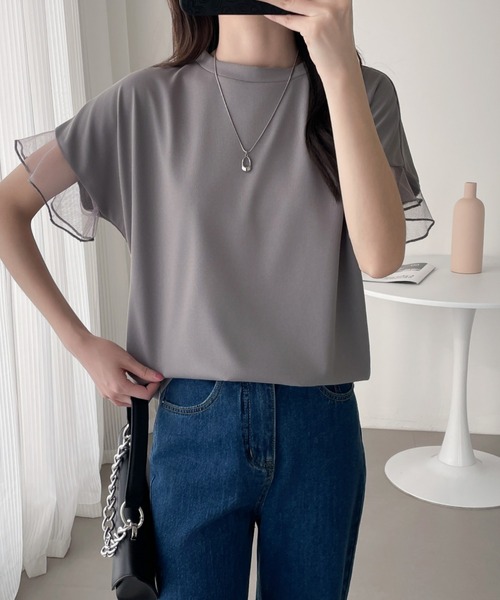 ABITOKYO（アビトーキョー）の「袖シアーチュール切替Tシャツ（Tシャツ/カットソー・レディース・グレー/ホワイト/ブラック・L/M/XL）」の4枚目の写真