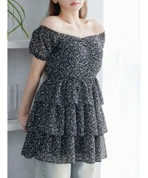 フラワープリントオフショルワンピース リボン付きオフショルフラワープリントワンピース