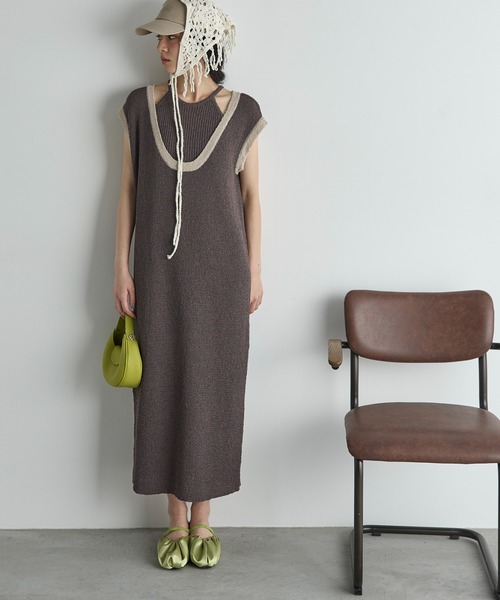 THE YOn(ザヨン)の「2WAY配色レイヤードフレンチスリーブメランジニットワンピース(ワンピース・レディース・チャコールグレー/ブラウン/ピンク・FREE)」の2枚目の写真