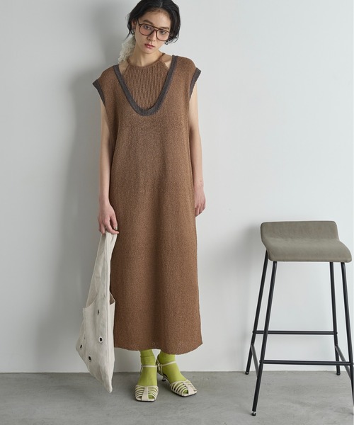 THE YOn(ザヨン)の「2WAY配色レイヤードフレンチスリーブメランジニットワンピース(ワンピース・レディース・チャコールグレー/ブラウン/ピンク・FREE)」の16枚目の写真