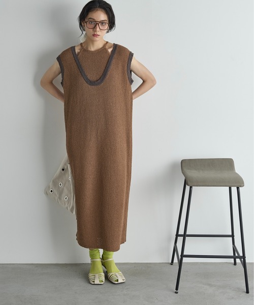 THE YOn(ザヨン)の「2WAY配色レイヤードフレンチスリーブメランジニットワンピース(ワンピース・レディース・チャコールグレー/ブラウン/ピンク・FREE)」の18枚目の写真