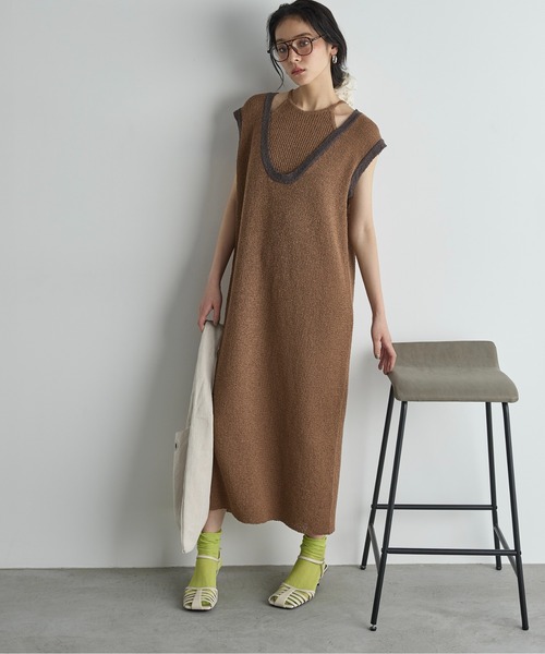 THE YOn(ザヨン)の「2WAY配色レイヤードフレンチスリーブメランジニットワンピース(ワンピース・レディース・チャコールグレー/ブラウン/ピンク・FREE)」の19枚目の写真