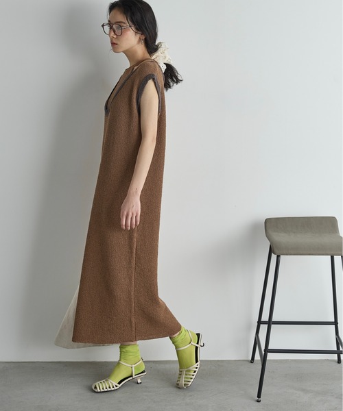 THE YOn(ザヨン)の「2WAY配色レイヤードフレンチスリーブメランジニットワンピース(ワンピース・レディース・チャコールグレー/ブラウン/ピンク・FREE)」の20枚目の写真