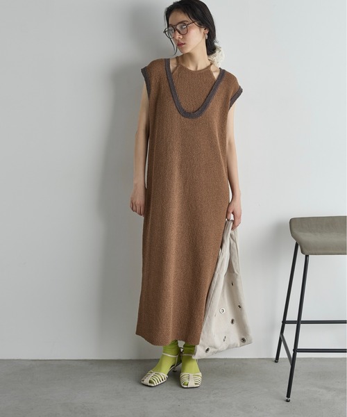 THE YOn(ザヨン)の「2WAY配色レイヤードフレンチスリーブメランジニットワンピース(ワンピース・レディース・チャコールグレー/ブラウン/ピンク・FREE)」の22枚目の写真