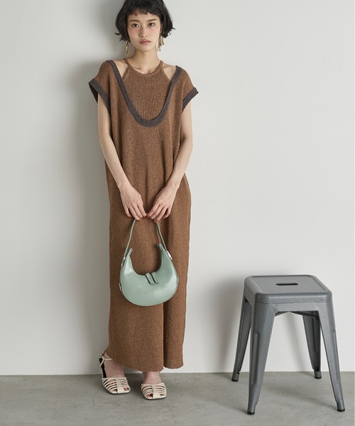 THE YOn(ザヨン)の「2WAY配色レイヤードフレンチスリーブメランジニットワンピース(ワンピース・レディース・チャコールグレー/ブラウン/ピンク・FREE)」の7枚目の写真