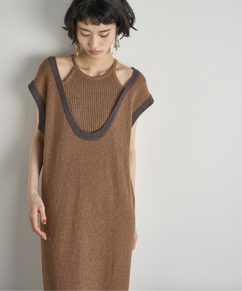 THE YOn(ザヨン)の「2WAY配色レイヤードフレンチスリーブメランジニットワンピース(ワンピース・レディース・チャコールグレー/ブラウン/ピンク・FREE)」の11枚目の写真