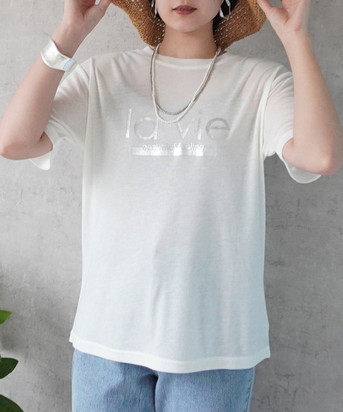 SELECT LEVERY(セレクトリベリー)の「シアーロゴプリントTシャツ(Tシャツ/カットソー・レディース・アイボリー/ライトブルー/ブラック/グレー/サーモンピンク・MEDIUM)」の3枚目の写真