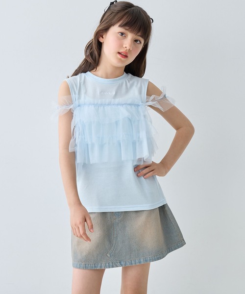 Amourire girl（アムリールガール）の「2wayチュールビスチェフェイクカットソー（Tシャツ/カットソー・キッズ・サックスブルー/オフホワイト・130cm/140cm/150cm/160cm）」の7枚目の写真