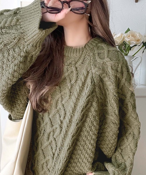 セール】ざっくり感で一瞬でこなれ顔◎立体アラン柄ローゲージケーブル