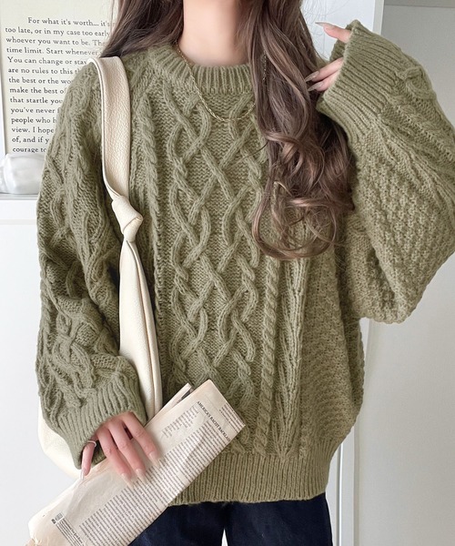 セール】ざっくり感で一瞬でこなれ顔◎立体アラン柄ローゲージケーブル