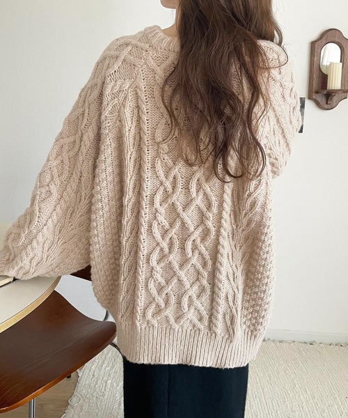 セール】ざっくり感で一瞬でこなれ顔◎立体アラン柄ローゲージケーブル