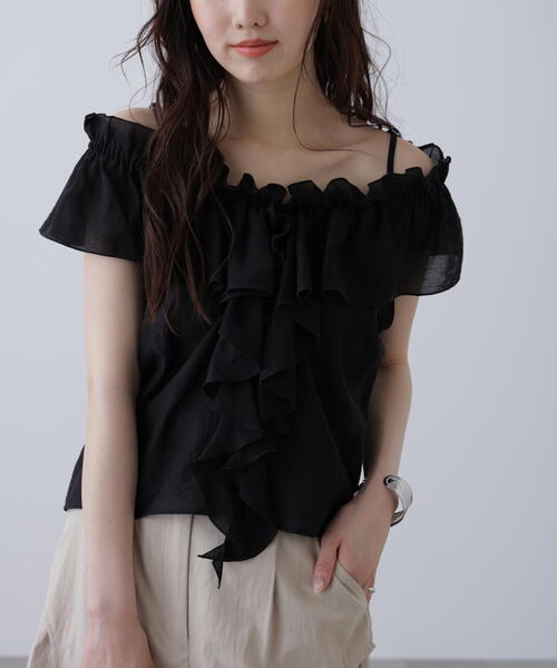 MARS amobamars ブラックオフショルダーシャツ MA*RS】肩開きクロスZIPスライダーブラウス - ブラック size-F