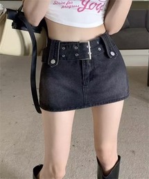 ベルト付きミニ丈デニムスカート