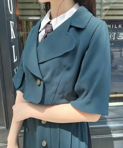 F i.n.t（フィント）の「【セットアップ対応】ハートラペルケープスリーブジャケット（セットアップ・レディース・ブルーグリーン/モカ・FREE）」の6枚目の写真