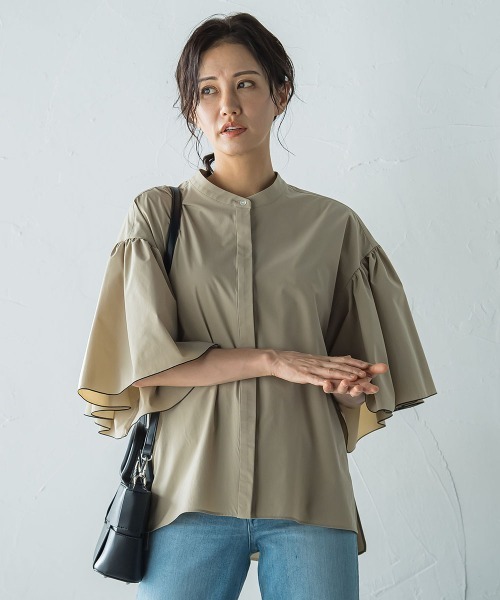 LAUTREAMONT（ロートレアモン）の「ストレッチフレアスリーブブラウス≪洗濯機で洗える≫（シャツ/ブラウス・レディース・ブラック/ベージュ・9号）」の2枚目の写真