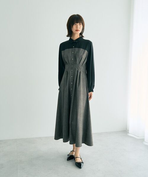 YECCA VECCA(イェッカヴェッカ)の「ベアドッキングワンピース(シャツワンピース・レディース・キャメル/チェック/チャコールグレー・FREE)」の1枚目の写真
