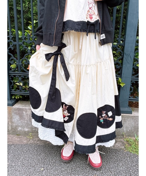 ピンクハウス　天使&フラワー　黒　スカート　PINK HOUSE メリーゴーラウンドプリントスカート （ロング・マキシ丈