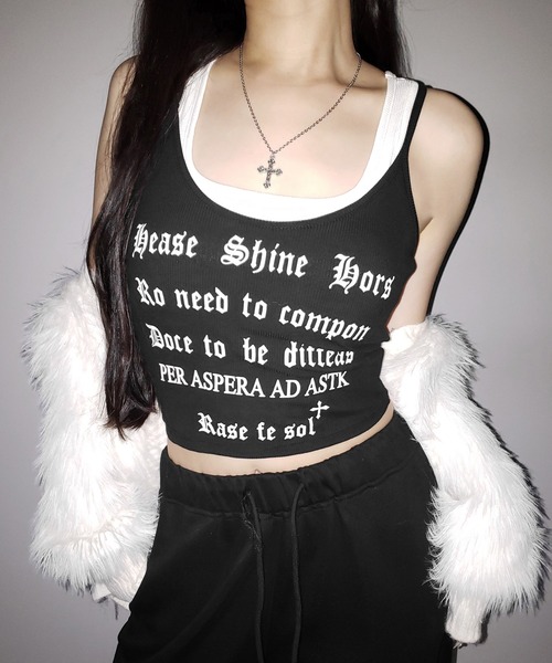 me+em select(ミームセレクト)の「※※【 2color 】グランジロゴレイヤードキャミソールトップス / grunge logo layered camisole tops(キャミソール・レディース・ホワイト/ブラック・FREE)」の2枚目の写真