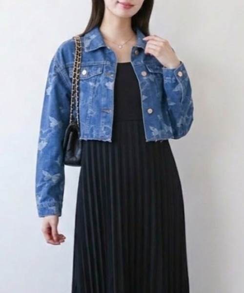 a lot of love(ア ロット オブ ラブ)の「バタフライパターン カットオフデニムジャケット(デニムジャケット・レディース・ブルー・S/M/L)」の1枚目の写真