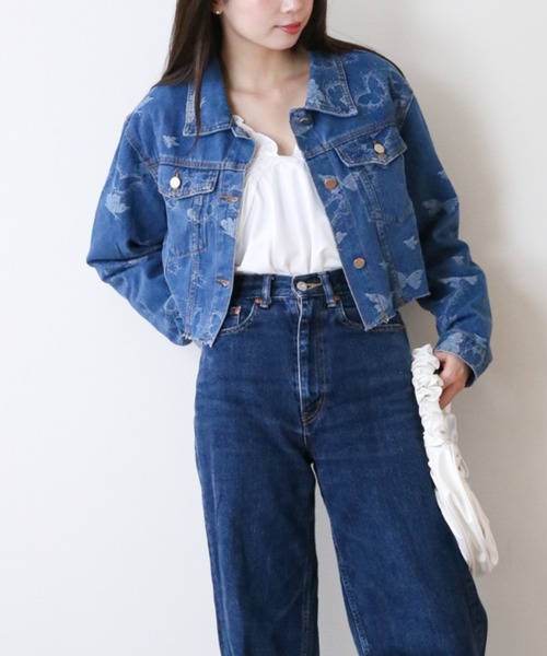 a lot of love(ア ロット オブ ラブ)の「バタフライパターン カットオフデニムジャケット(デニムジャケット・レディース・ブルー・S/M/L)」の4枚目の写真