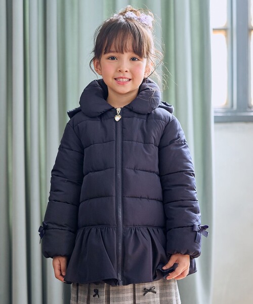 セール】【フード取り外し/洗濯機可能】中綿フリル リボンコート