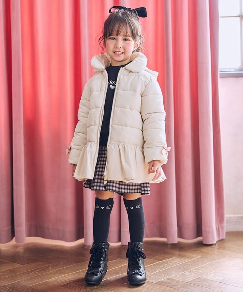 セール】【フード取り外し/洗濯機可能】中綿フリル リボンコート