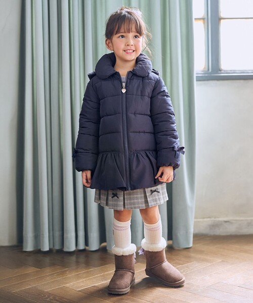 セール】【フード取り外し/洗濯機可能】中綿フリル リボンコート