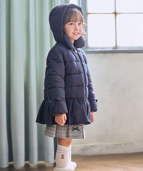 セール】【フード取り外し/洗濯機可能】中綿フリル リボンコート