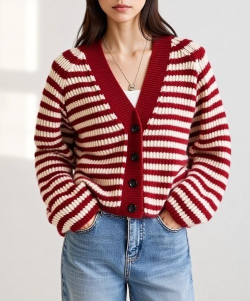 cammie(キャミー)の「ボーダーニットカーディガン(カーディガン/ボレロ・レディース・ブラック/レッド/ベージュ・F)」の3枚目の写真