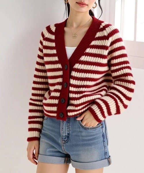 cammie(キャミー)の「ボーダーニットカーディガン(カーディガン/ボレロ・レディース・ブラック/レッド/ベージュ・F)」の14枚目の写真