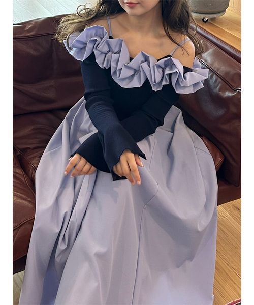 セール】フリルカラーニットコンビワンピース（ワンピース）｜LILY