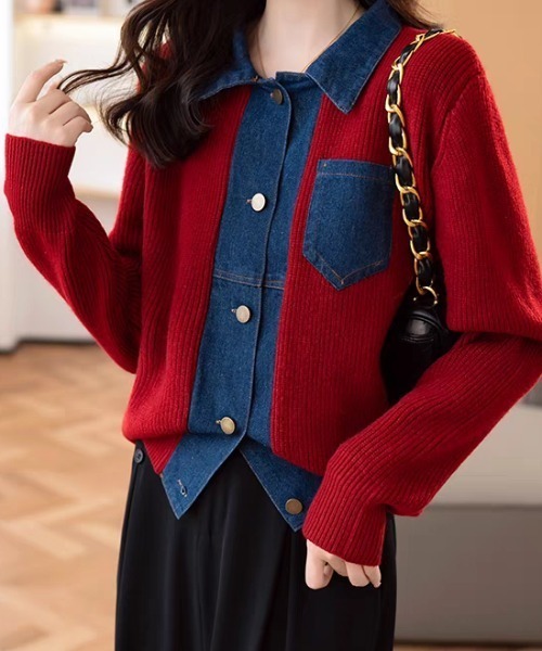 Diosfront(ディオスフロント)の「デニムドッキングニットカーディガン(カーディガン/ボレロ・レディース・レッド/グレー/ブラック/アイボリー・FREE)」の4枚目の写真