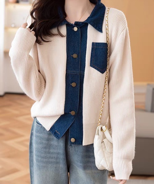 Diosfront(ディオスフロント)の「デニムドッキングニットカーディガン(カーディガン/ボレロ・レディース・レッド/グレー/ブラック/アイボリー・FREE)」の2枚目の写真