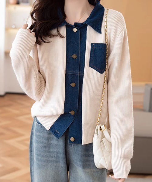 Diosfront(ディオスフロント)の「デニムドッキングニットカーディガン(カーディガン/ボレロ・レディース・レッド/グレー/ブラック/アイボリー・FREE)」の8枚目の写真